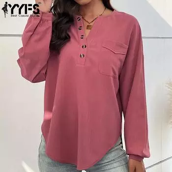 YYFS женские модные повседневные однотонные блузки и рубашки с длинными рукавами и v-образным вырезом с принтом S