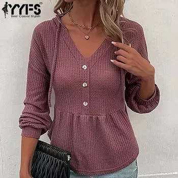 YYFS женские модные повседневные однотонные блузки и рубашки с длинными рукавами и v-образным вырезом с принтом S
