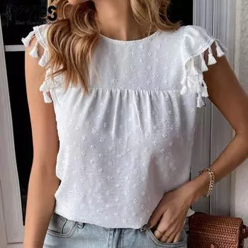 YYFS женские модные повседневные однотонные блузки и рубашки с короткими рукавами и круглым вырезом с принтом S белый