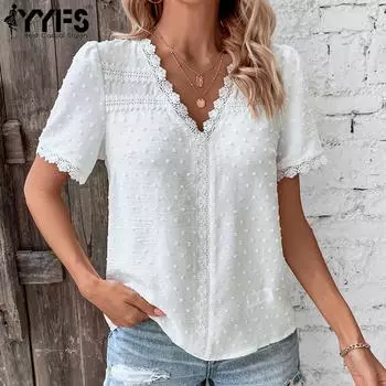YYFS женские модные повседневные однотонные блузки и рубашки с короткими рукавами и v-образным вырезом с принтом S белый