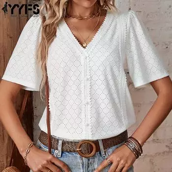 YYFS женские модные повседневные однотонные блузки и рубашки с короткими рукавами и v-образным вырезом с принтом S