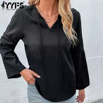YYFS женские модные повседневные однотонные блузки и рубашки с длинными рукавами и v-образным вырезом с принтом S чёрный