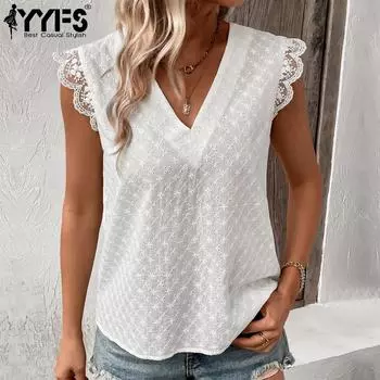 YYFS женские модные повседневные однотонные блузки и рубашки без рукавов с v-образным вырезом и принтом S белый