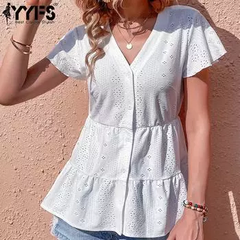 YYFS женские модные повседневные однотонные блузки и рубашки с короткими рукавами и v-образным вырезом с принтом S белый
