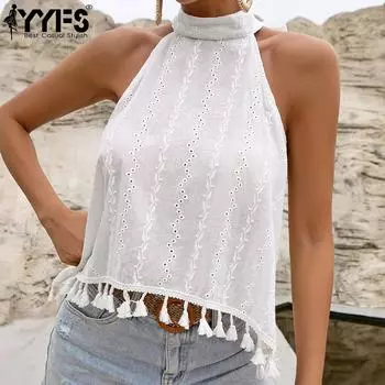 YYFS женские модные повседневные однотонные блузки и рубашки без рукавов с принтом S белый