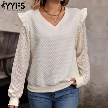 YYFS женские модные повседневные однотонные блузки и рубашки с длинными рукавами и v-образным вырезом с принтом S абрикосовый