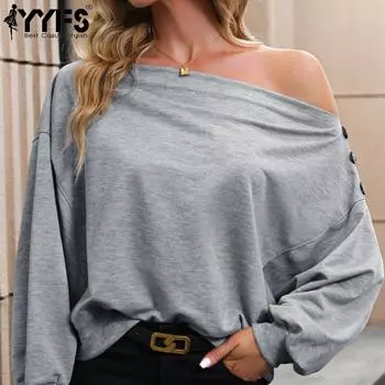 YYFS женские модные повседневные однотонные блузки и рубашки с длинными рукавами с принтом S светло-серый