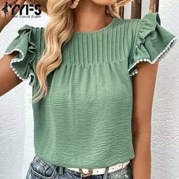 YYFS женские модные повседневные однотонные блузки и рубашки с короткими рукавами и круглым вырезом с принтом M зелёный