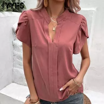 YYFS женские модные повседневные однотонные блузки и рубашки с короткими рукавами и v-образным вырезом с принтом S