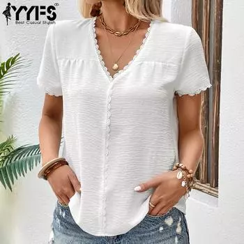 YYFS женские модные повседневные однотонные блузки и рубашки с короткими рукавами и v-образным вырезом с принтом S белый