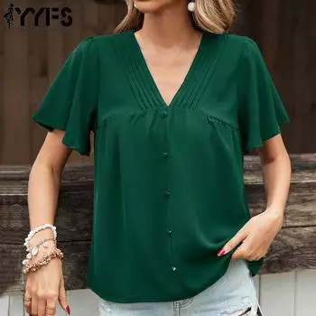 YYFS женские модные повседневные однотонные блузки и рубашки с короткими рукавами и v-образным вырезом с принтом S