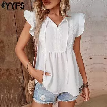 YYFS женские модные повседневные однотонные блузки и рубашки с короткими рукавами и v-образным вырезом с принтом