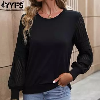 YYFS женские модные повседневные однотонные блузки с круглым вырезом и длинными рукавами с принтом, футболки и топы с длинными рукавами S чёрный