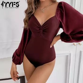 YYFS женские модные повседневные однотонные боди с принтом на лето и весну с длинными рукавами и v-образным вырезом S бордовый