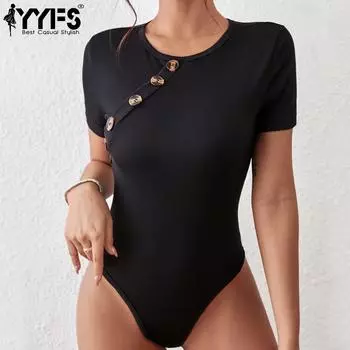 YYFS женские модные повседневные однотонные боди с принтом на лето и весну с короткими рукавами и круглым вырезом S чёрный