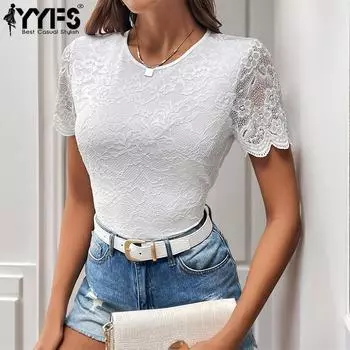 YYFS Женские модные повседневные однотонные боди с принтом на лето и весну с короткими рукавами и круглым вырезом S белый