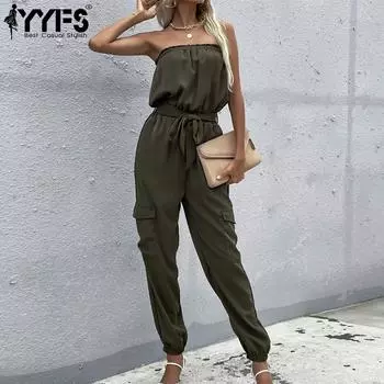 YYFS женские модные повседневные однотонные брюки с принтом на лето и весну, брюки без рукавов, комбинезоны и ромперы L зелёный