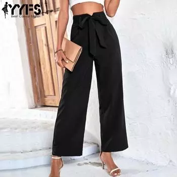 YYFS женские модные повседневные однотонные брюки с высокой талией и капри с принтом S чёрный