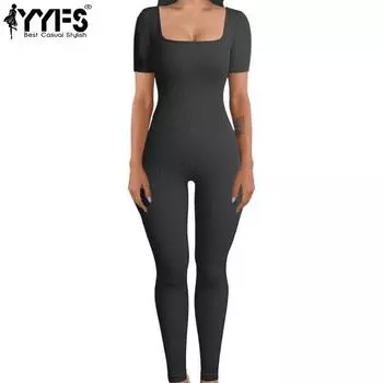 YYFS женские модные повседневные однотонные брюки с принтом весна-осень с короткими рукавами и квадратным воротником брюки комбинезоны и комбинезоны S чёрный