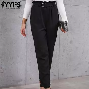 YYFS Женские модные повседневные однотонные брюки с принтом и капри S чёрный