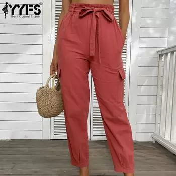 YYFS женские модные повседневные однотонные брюки с высокой талией и капри с принтом M красный