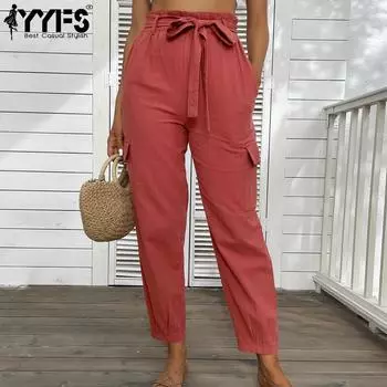 YYFS женские модные повседневные однотонные брюки с высокой талией и принтом, брюки и капри L