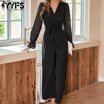 YYFS женские модные повседневные однотонные брюки с принтом на лето и весну, с длинными рукавами и v-образным вырезом, узкие комбинезоны и комбинезоны S чёрный