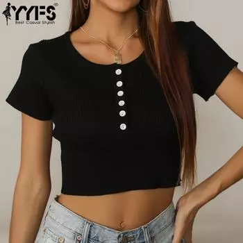 YYFS женские модные повседневные однотонные футболки и топы с короткими рукавами и круглым вырезом с принтом S чёрный