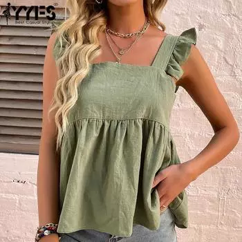 YYFS женские модные повседневные однотонные футболки и топы без рукавов с квадратным воротником L зелёный