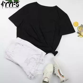 YYFS женские модные повседневные однотонные футболки и топы с короткими рукавами и круглым вырезом с принтом S чёрный