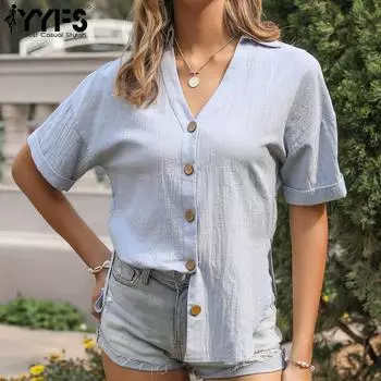 YYFS женские модные повседневные однотонные футболки и топы с короткими рукавами и v-образным вырезом с принтом S розовый