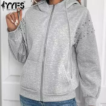 YYFS Женская мода повседневные однотонные толстовки с капюшоном и длинными рукавами с принтом S светло-серый
