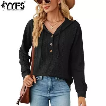 YYFS Женская мода повседневные однотонные толстовки с капюшоном и длинными рукавами с принтом S чёрный
