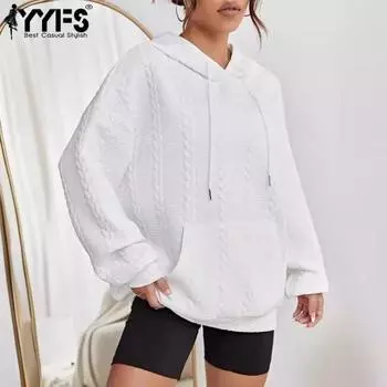 YYFS Женская мода повседневные однотонные толстовки с капюшоном и длинными рукавами с принтом S белый