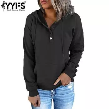 YYFS Женская мода повседневные однотонные толстовки с капюшоном и длинными рукавами с принтом S чёрный