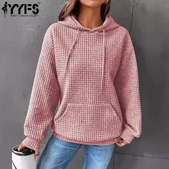 YYFS Женская мода повседневные однотонные толстовки с капюшоном и длинными рукавами с принтом S розовый