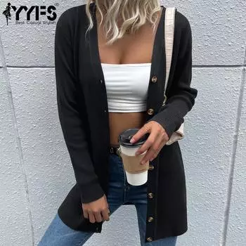 YYFS женские модные повседневные однотонные кардиганы с принтом на осень и зиму с длинными рукавами S чёрный