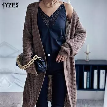 YYFS женские модные повседневные однотонные кардиганы с принтом на осень и зиму с длинными рукавами S кофейный