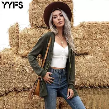 YYFS женские модные повседневные однотонные кардиганы с принтом на осень и зиму с длинными рукавами L чёрный