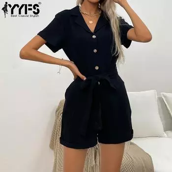 YYFS женские модные повседневные однотонные комбинезоны с принтом на лето и весну с короткими рукавами и v-образным вырезом