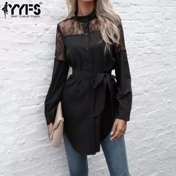 YYFS женские модные повседневные однотонные кружевные блузки и рубашки с круглым вырезом и длинными рукавами S чёрный