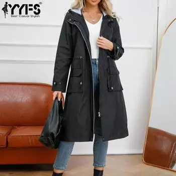 YYFS женские модные повседневные однотонные куртки и пальто с капюшоном на весну и осень с длинными рукавами S жёлтый