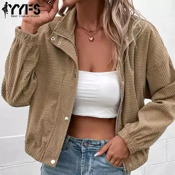 YYFS женские модные повседневные однотонные куртки и пальто с воротником-поло на осень-зиму с длинным рукавом и принтом S коричневый