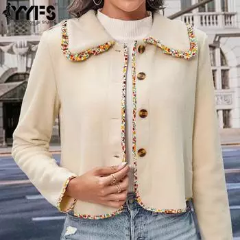 YYFS женские модные повседневные однотонные куртки и пальто с воротником-поло на осень-зиму с длинным рукавом и принтом S абрикосовый