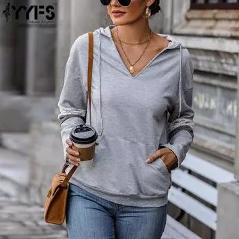 YYFS женские модные повседневные однотонные осенние пуловеры с капюшоном и длинными рукавами с принтом S темно-серого