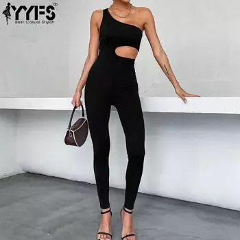YYFS женские модные повседневные однотонные полые брюки без рукавов с принтом на лето и весну, комбинезоны и комбинезоны S чёрный