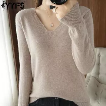 YYFS женские модные повседневные однотонные принты больших размеров осень-зима с длинными рукавами и v-образным вырезом свободные свитера S белый