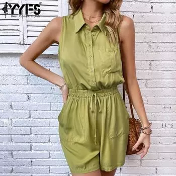 YYFS женские модные повседневные однотонные принты летние весенние шорты-поло без рукавов с воротником комбинезоны и комбинезоны S