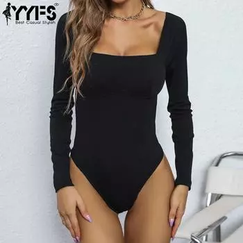 YYFS женские модные повседневные однотонные принты лето весна с длинным рукавом квадратный воротник сексуальные тонкие боди S чёрный