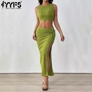 YYFS Женские модные повседневные однотонные принты лето весна без рукавов с круглым вырезом юбка костюмы S зелёный